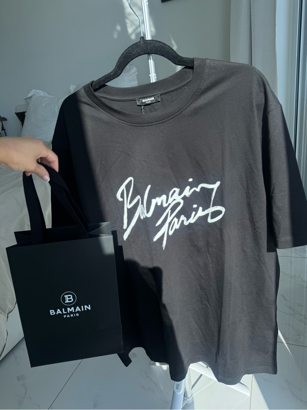 Balmain Black T-Shirt with White Script Logo